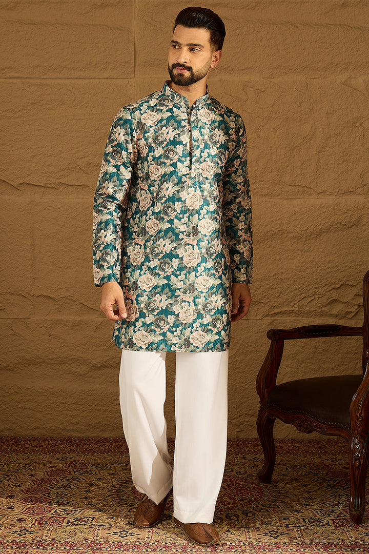 Teal Silk Blend Floral Printed Straight Kurta | SHOBITAM