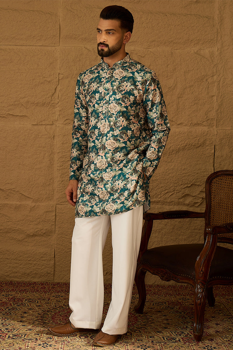 Teal Silk Blend Floral Printed Straight Kurta with Trouser | SHOBITAM