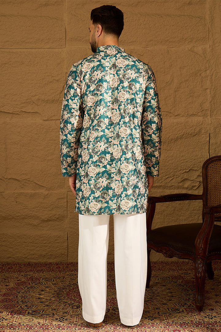 Teal Silk Blend Floral Printed Straight Kurta | SHOBITAM