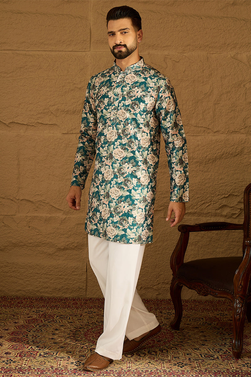 Teal Silk Blend Floral Printed Straight Kurta | SHOBITAM