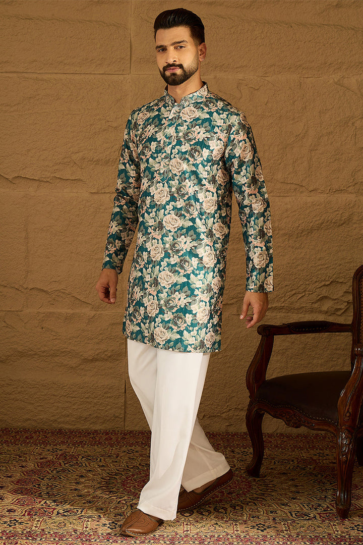 Teal Silk Blend Floral Printed Straight Kurta | SHOBITAM