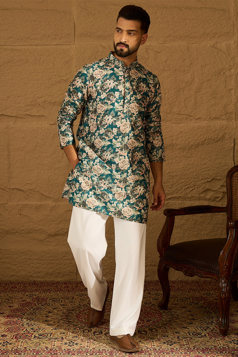 Teal Silk Blend Floral Printed Straight Kurta | SHOBITAM