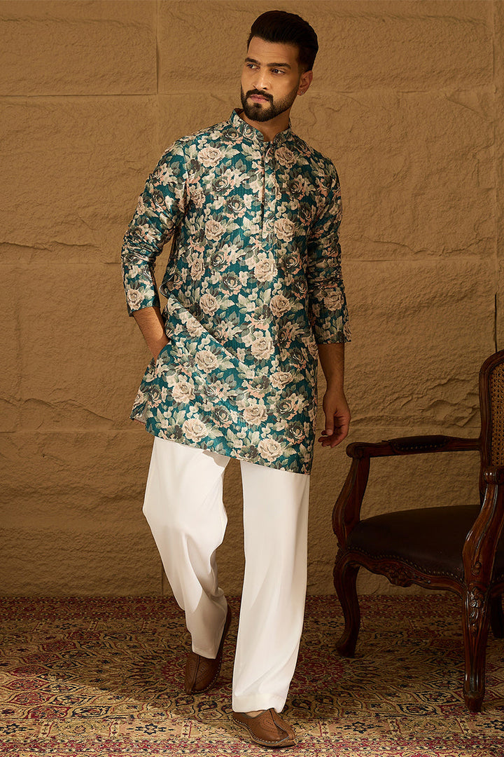 Teal Silk Blend Floral Printed Straight Kurta | SHOBITAM