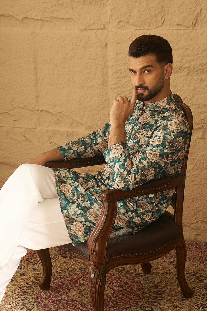 Teal Silk Blend Floral Printed Straight Kurta | SHOBITAM