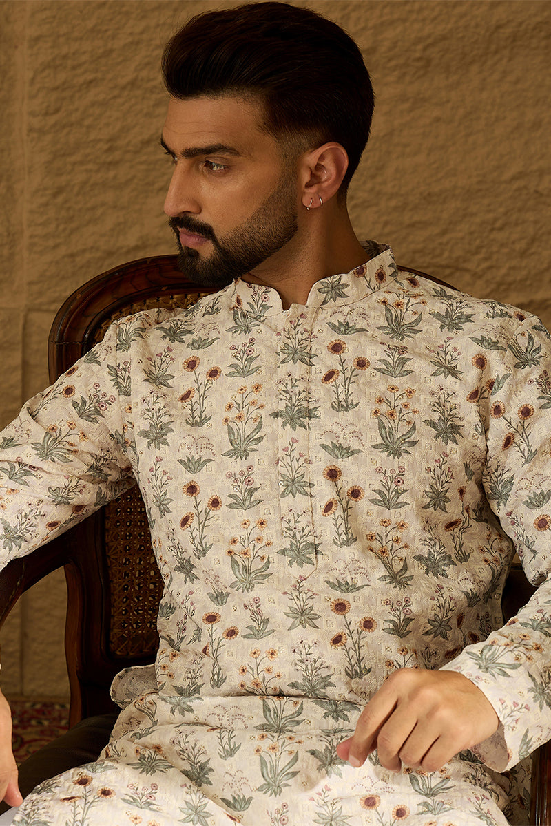 Off White Viscose Rayon Floral Printed Straight Kurta with Trouser | SHOBITAM