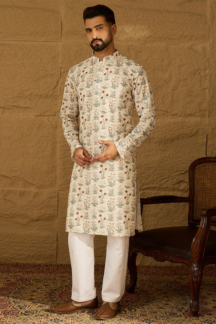 Off White Viscose Rayon Floral Printed Straight Kurta | SHOBITAM