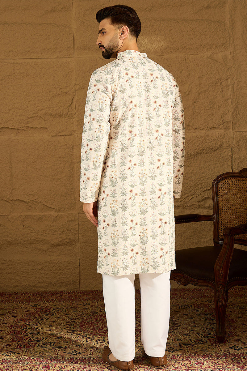 Off White Viscose Rayon Floral Printed Straight Kurta | SHOBITAM