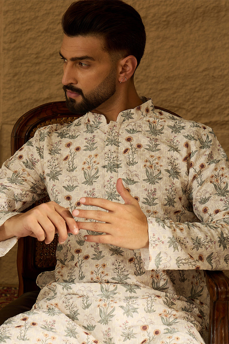 Off White Viscose Rayon Floral Printed Straight Kurta | SHOBITAM
