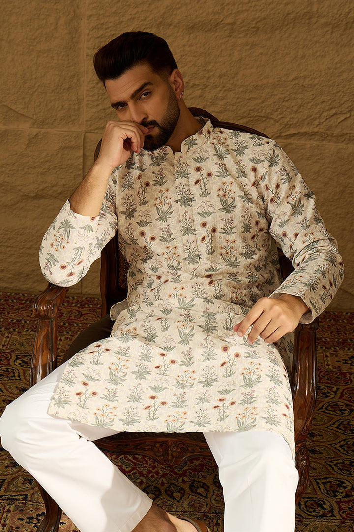 Off White Viscose Rayon Floral Printed Straight Kurta | SHOBITAM