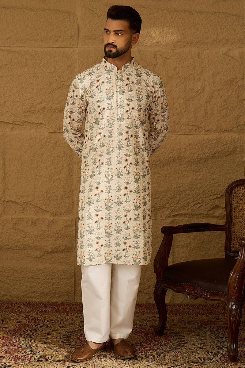 Off White Viscose Rayon Floral Printed Straight Kurta | SHOBITAM