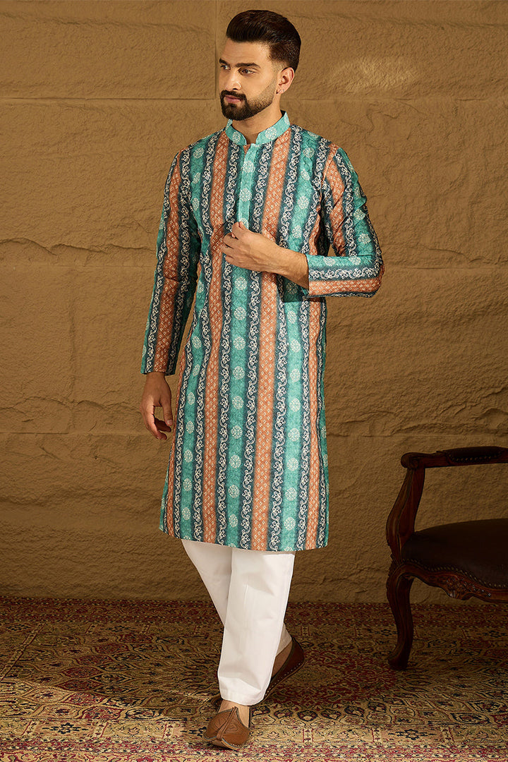 Blue Viscose Rayon Ethnic Motifs Printed Straight Kurta with Trouser | SHOBITAM