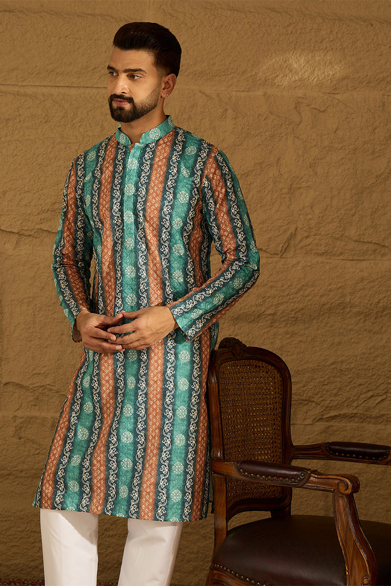 Blue Viscose Rayon Ethnic Motifs Printed Straight Kurta with Trouser | SHOBITAM