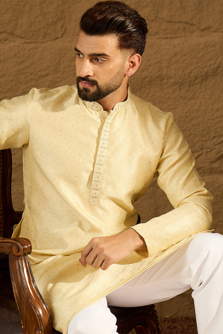 Beige Silk Blend Solid Printed Straight Kurta | SHOBITAM