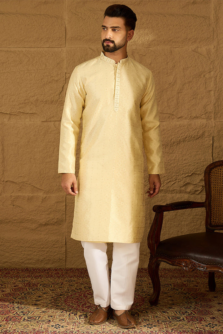 Beige Silk Blend Solid Printed Straight Kurta | SHOBITAM
