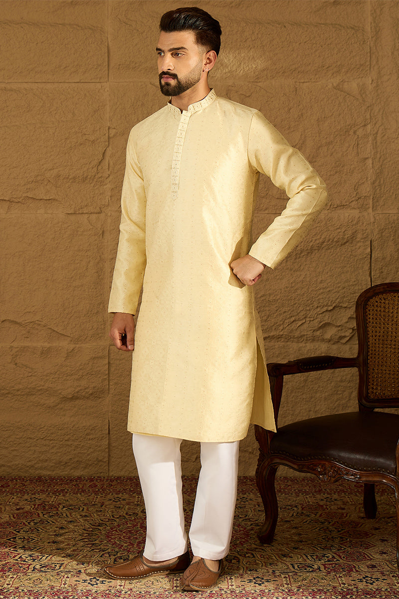 Beige Silk Blend Solid Printed Straight Kurta with Trouser | SHOBITAM