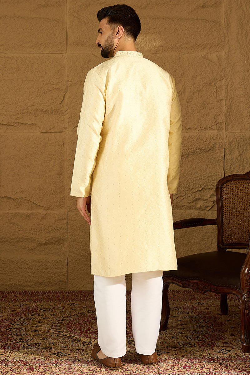 Beige Silk Blend Solid Printed Straight Kurta with Trouser | SHOBITAM