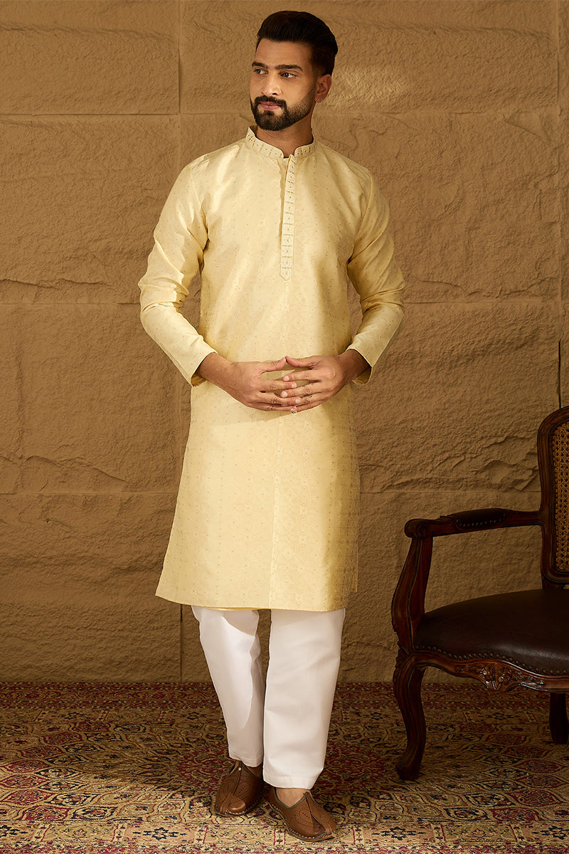 Beige Silk Blend Solid Printed Straight Kurta with Trouser | SHOBITAM