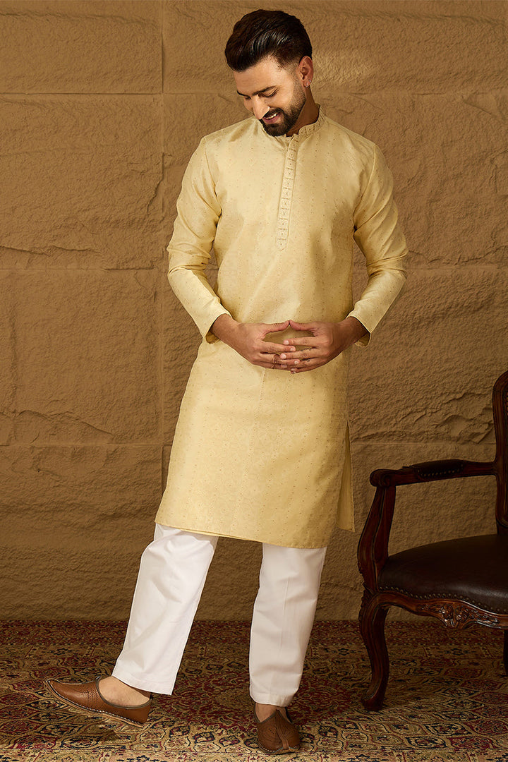 Beige Silk Blend Solid Printed Straight Kurta with Trouser | SHOBITAM