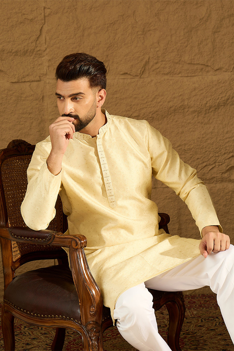 Beige Silk Blend Solid Printed Straight Kurta | SHOBITAM