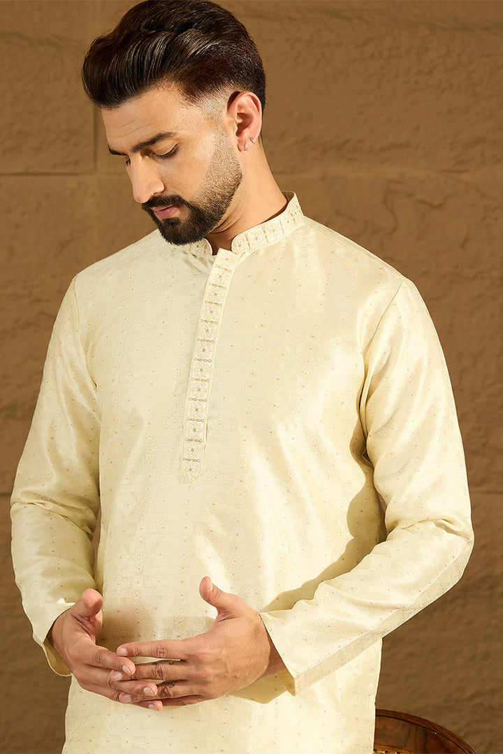 Yellow Silk Blend Solid Printed Straight Kurta with Trouser | SHOBITAM