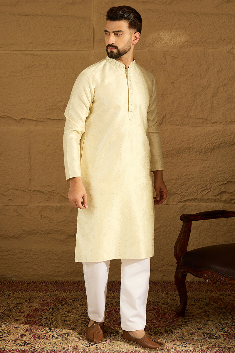 Yellow Silk Blend Solid Printed Straight Kurta  | SHOBITAM