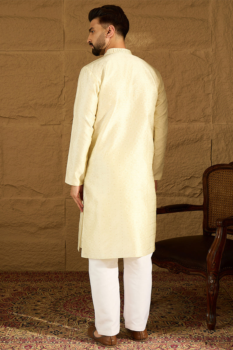 Yellow Silk Blend Solid Printed Straight Kurta with Trouser | SHOBITAM
