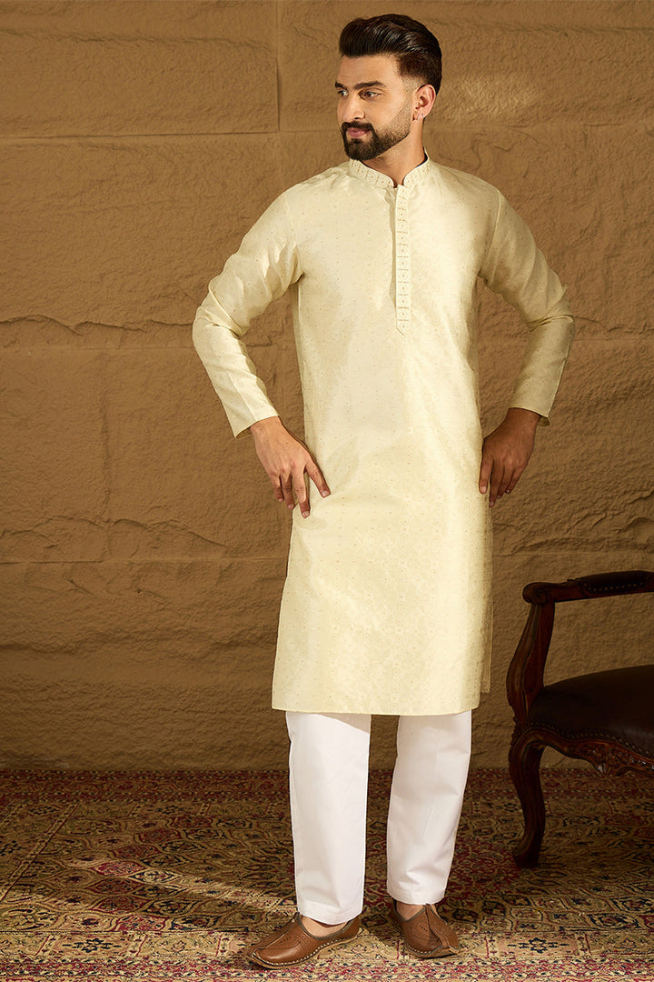 Yellow Silk Blend Solid Printed Straight Kurta with Trouser | SHOBITAM