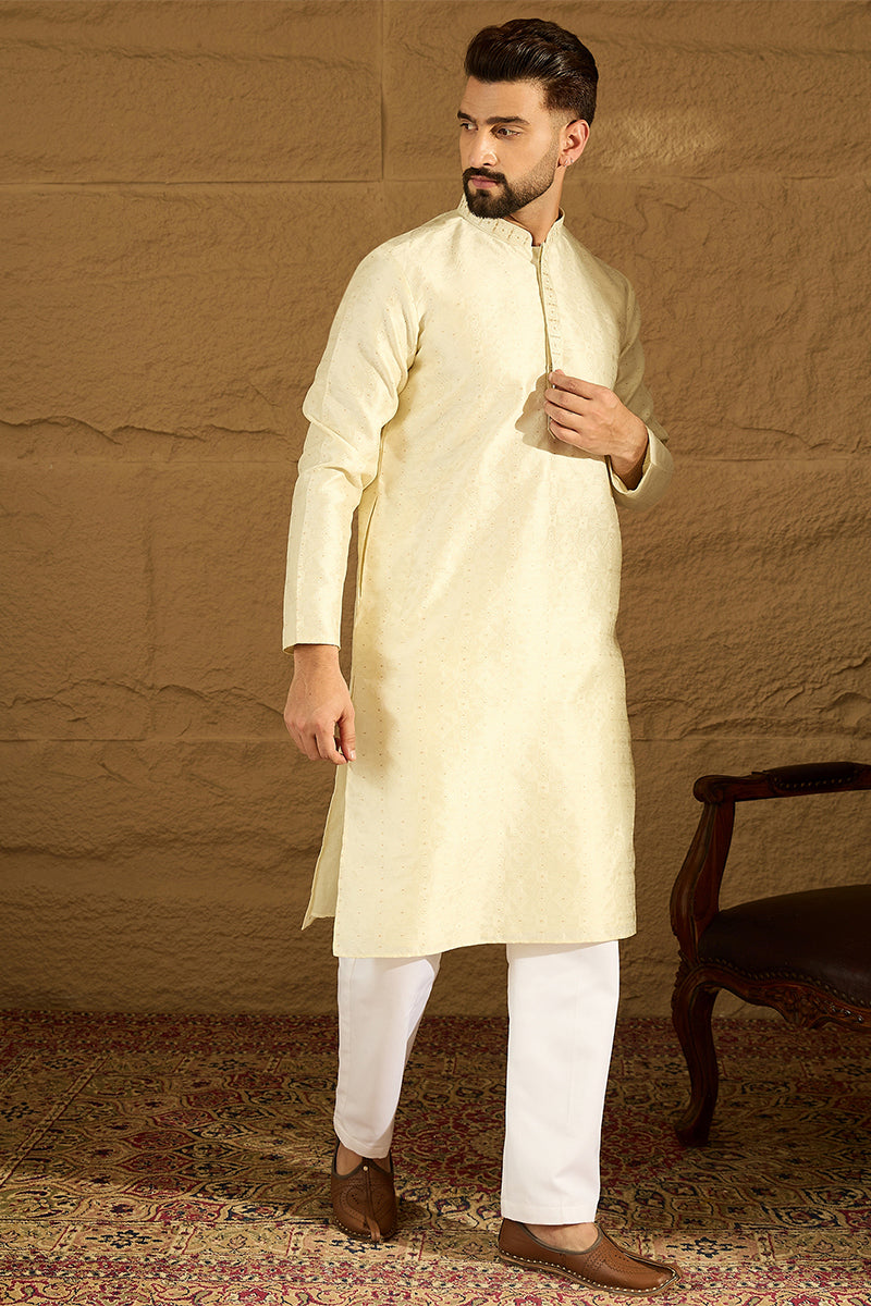 Yellow Silk Blend Solid Printed Straight Kurta  | SHOBITAM
