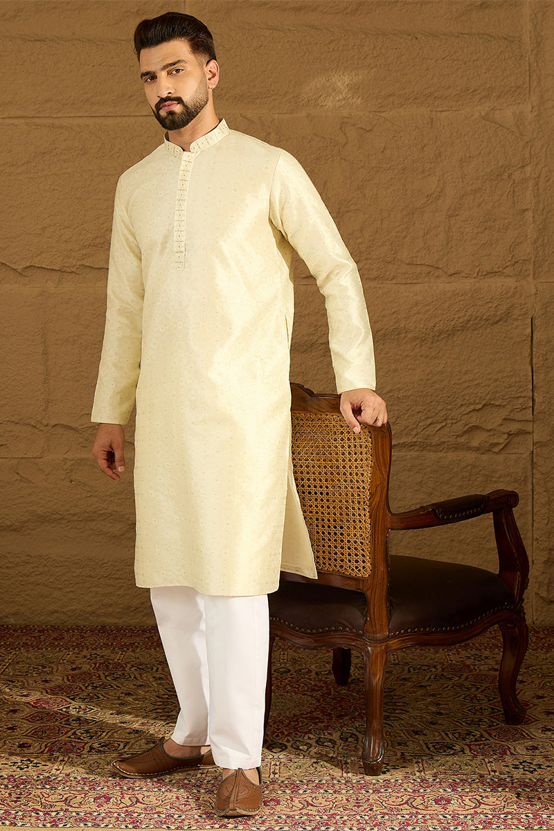 Yellow Silk Blend Solid Printed Straight Kurta  | SHOBITAM