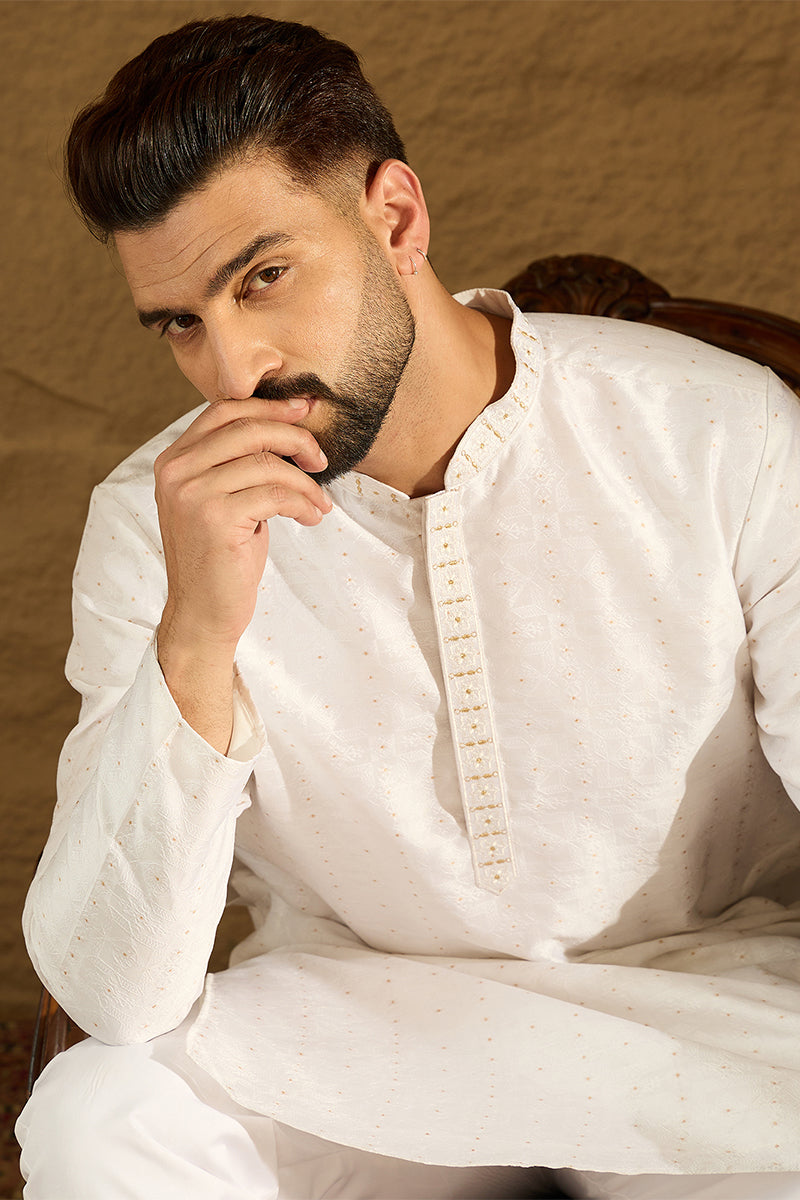 White Silk Blend Solid Printed Straight Kurta with Trouser | SHOBITAM