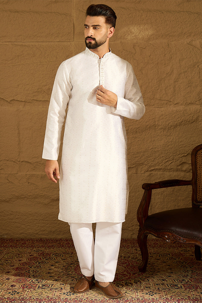 White Silk Blend Solid Printed Straight Kurta | SHOBITAM