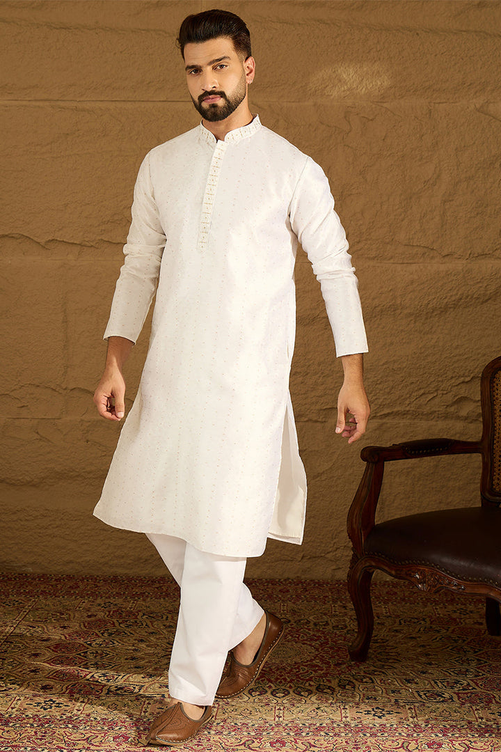 White Silk Blend Solid Printed Straight Kurta | SHOBITAM