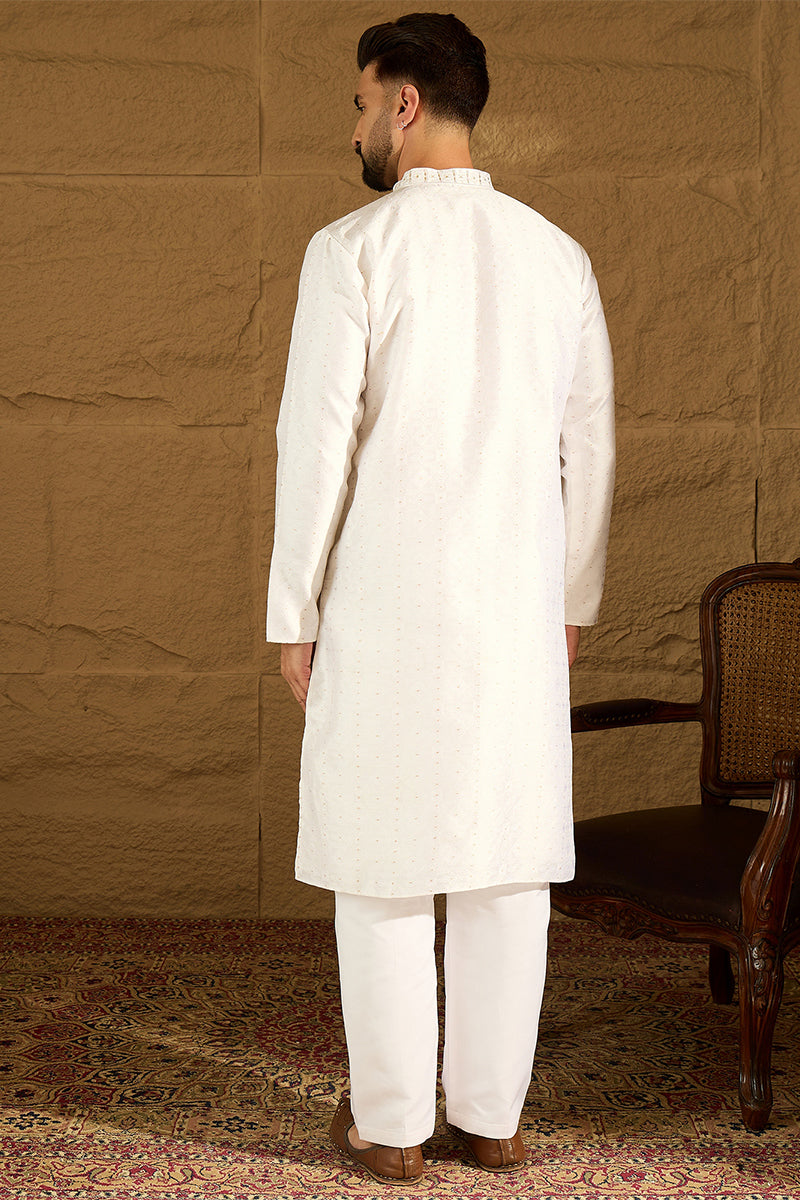 White Silk Blend Solid Printed Straight Kurta with Trouser | SHOBITAM