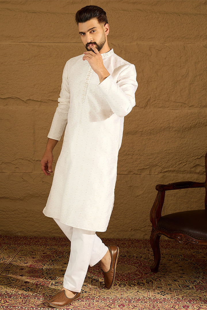 White Silk Blend Solid Printed Straight Kurta with Trouser | SHOBITAM
