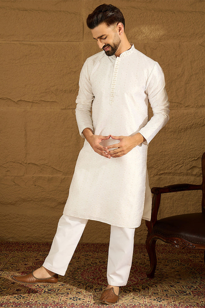 White Silk Blend Solid Printed Straight Kurta | SHOBITAM