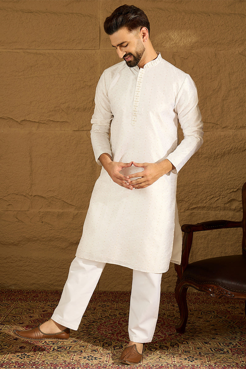 White Silk Blend Solid Printed Straight Kurta with Trouser | SHOBITAM