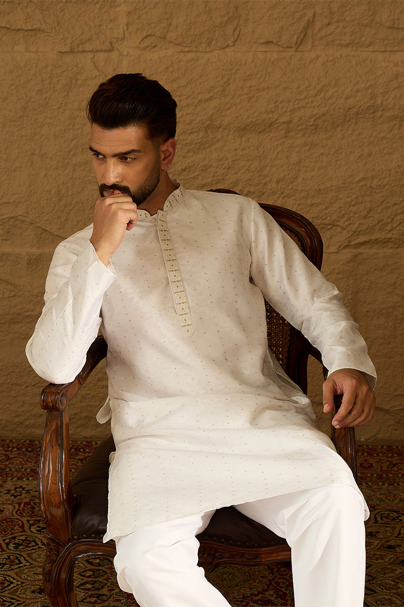 White Silk Blend Solid Printed Straight Kurta | SHOBITAM