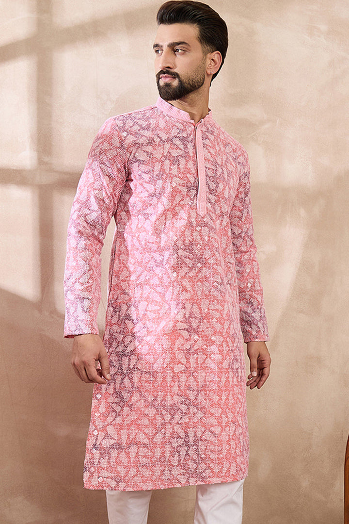 Pink Viscose Rayon Ethnic Motifs Embroidered Straight Kurta | SHOBITAM