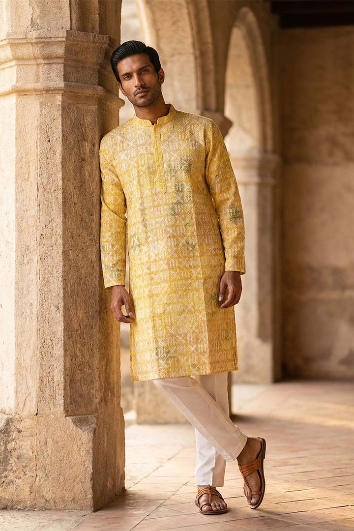 Yellow Viscose Rayon Embroidered Straight Kurta With Trousers | SHOBITAM