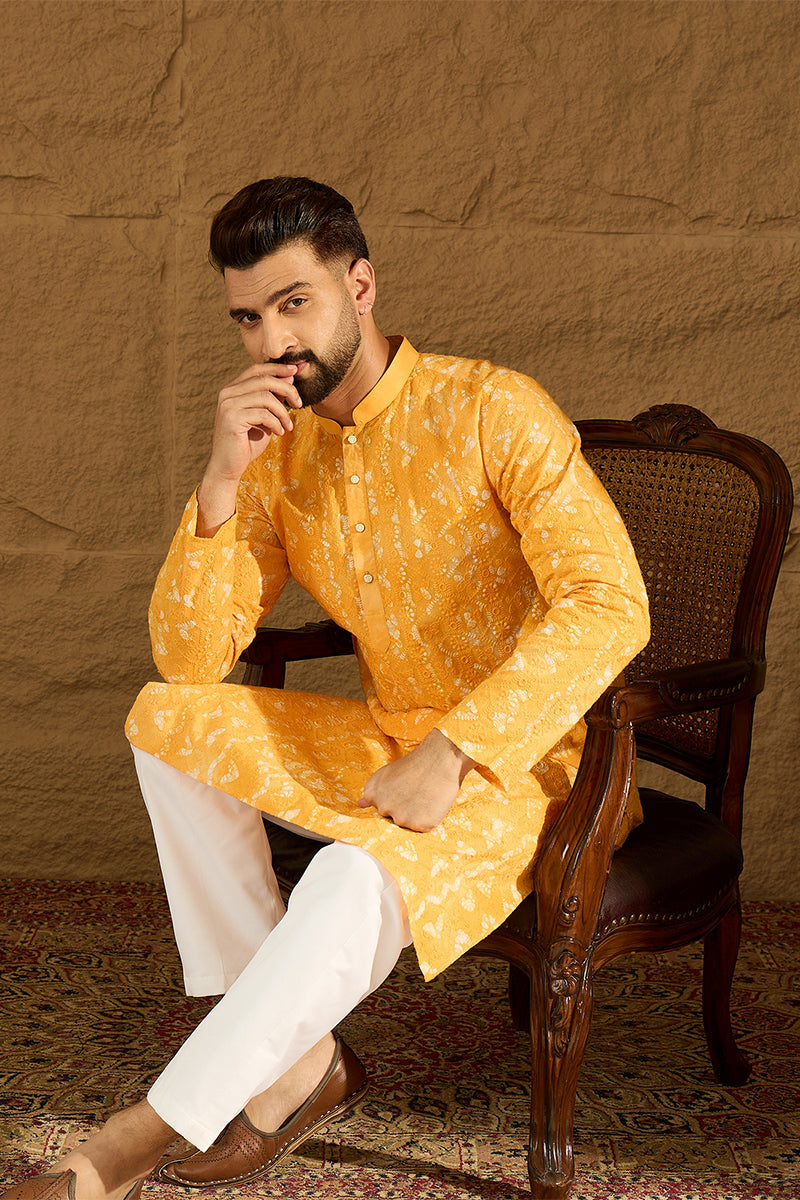 Yellow Cotton Batik Embroidered Straight Kurta with Trouser | SHOBITAM