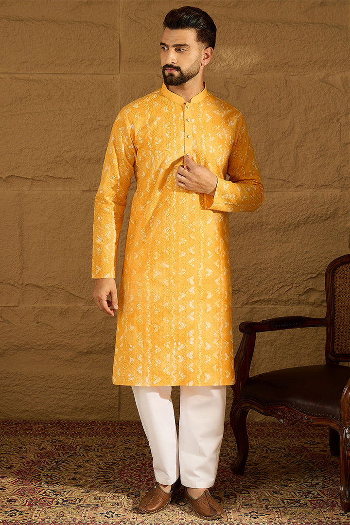 Yellow Cotton Batik Embroidered Straight Kurta with Trouser | SHOBITAM