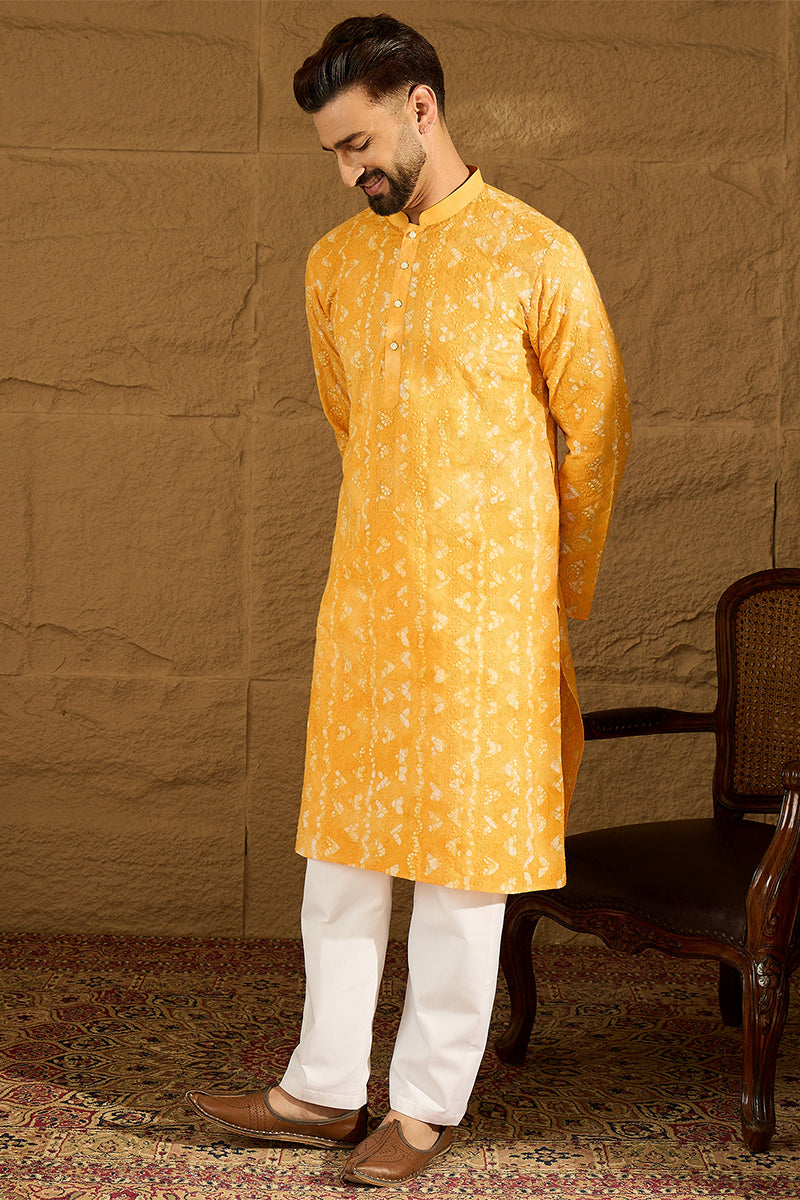 Yellow Cotton Batik Embroidered Straight Kurta with Trouser | SHOBITAM