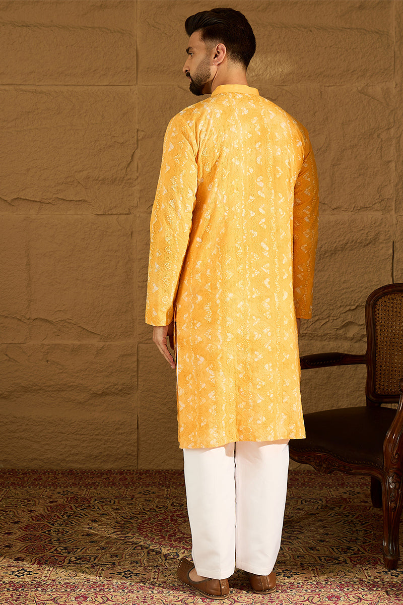 Yellow Cotton Batik Embroidered Straight Kurta with Trouser | SHOBITAM