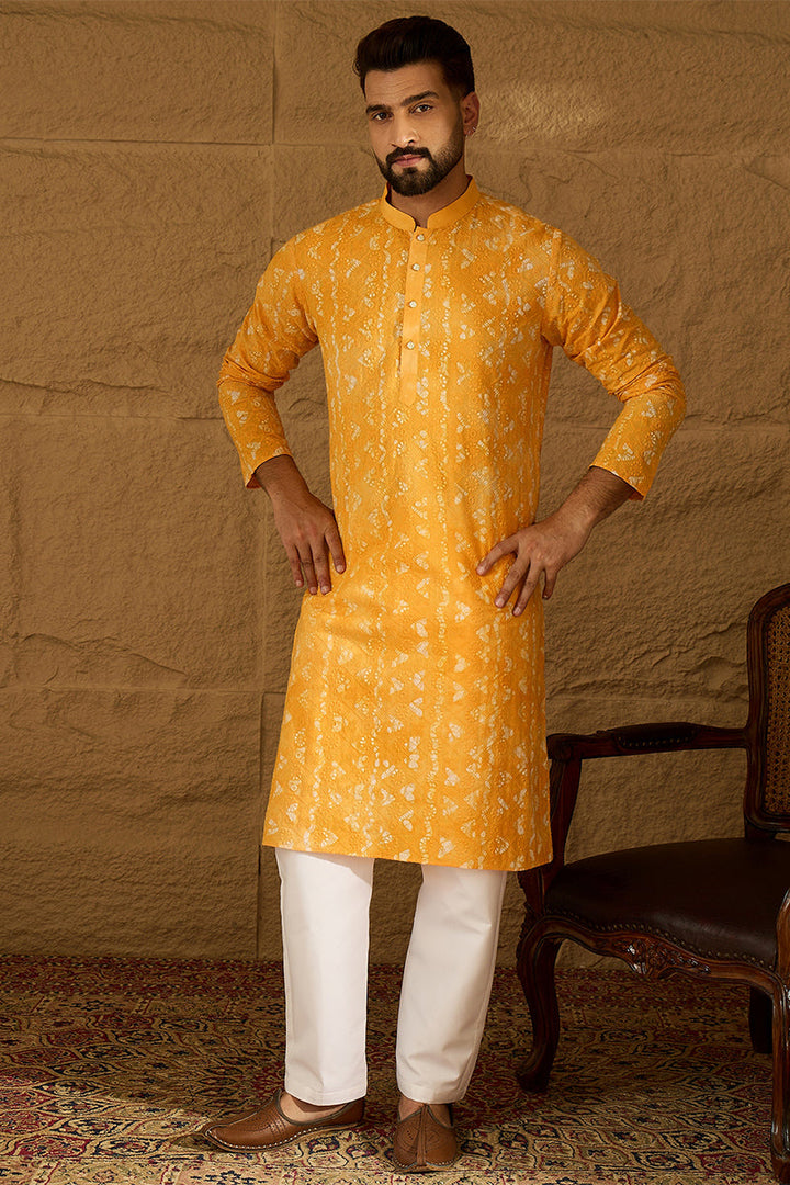 Yellow Cotton Batik Embroidered Straight Kurta | SHOBITAM