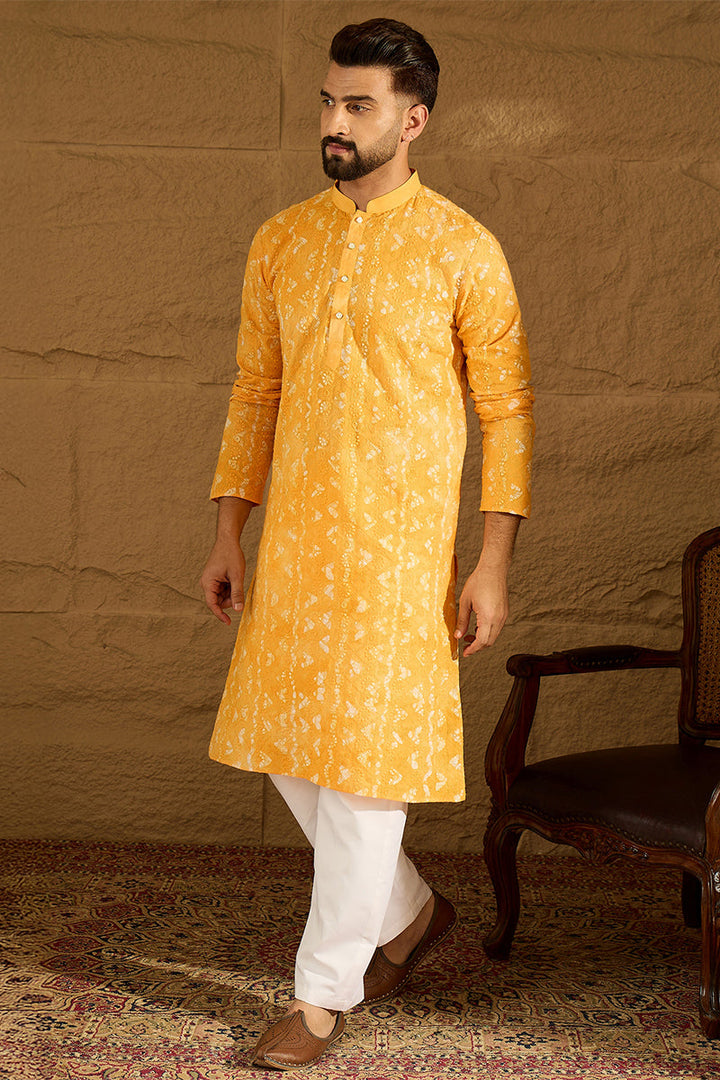 Yellow Cotton Batik Embroidered Straight Kurta with Trouser | SHOBITAM