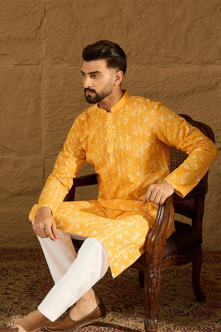 Yellow Cotton Batik Embroidered Straight Kurta | SHOBITAM