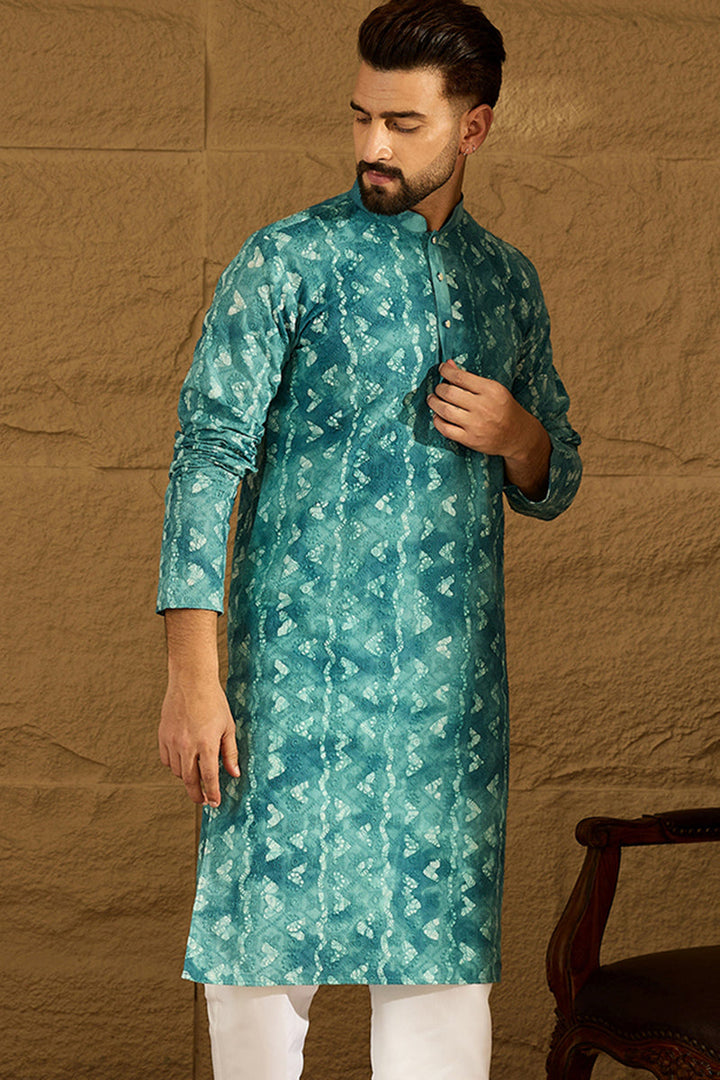 Blue Cotton Batik Embroidered Straight Kurta | SHOBITAM