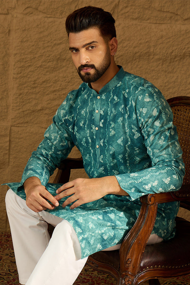 Blue Cotton Batik Embroidered Straight Kurta with Trouser | SHOBITAM