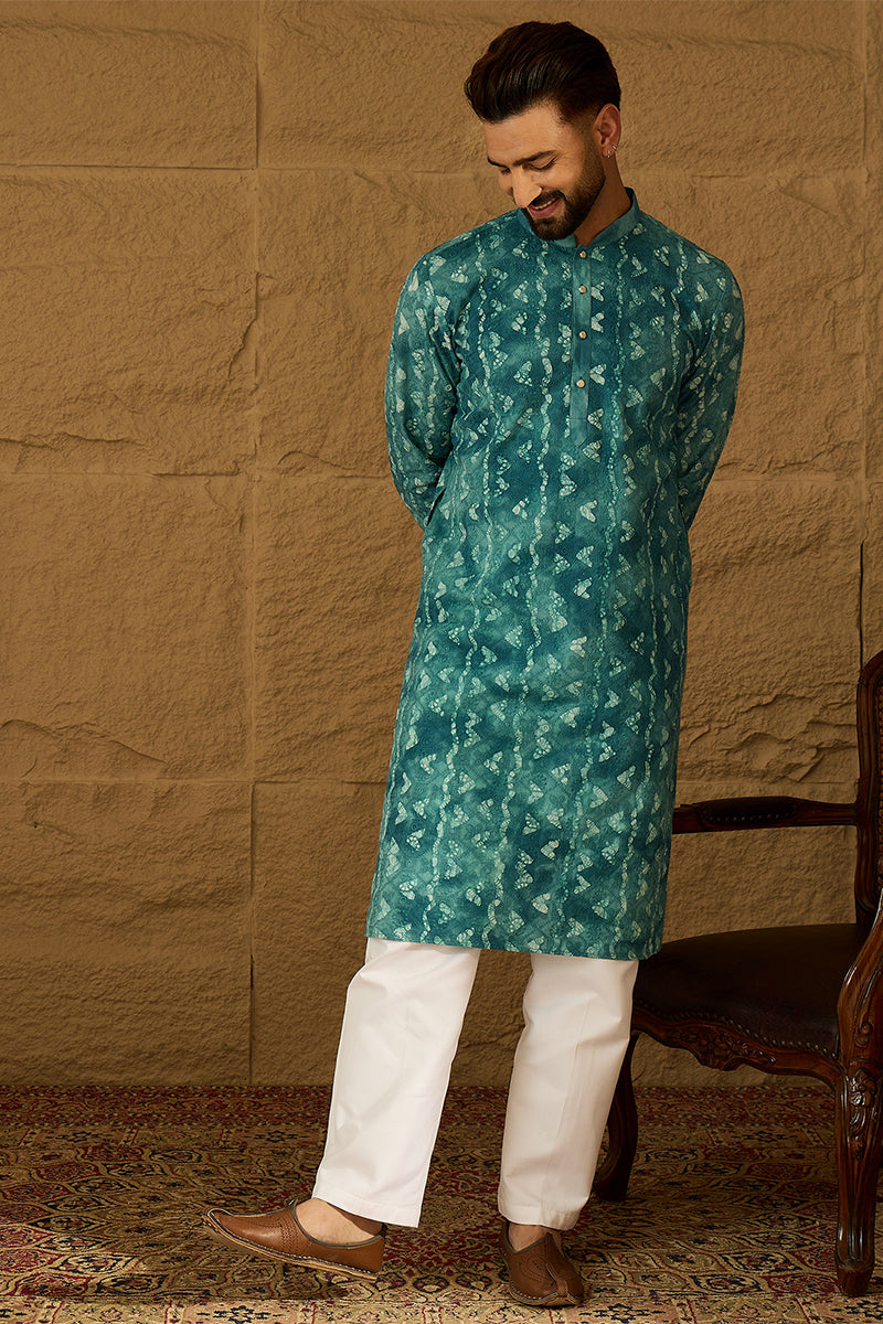 Blue Cotton Batik Embroidered Straight Kurta with Trouser | SHOBITAM