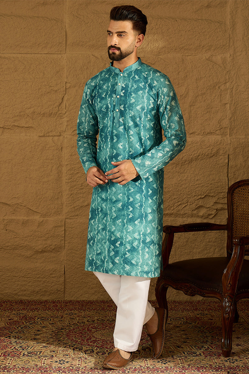 Blue Cotton Batik Embroidered Straight Kurta | SHOBITAM